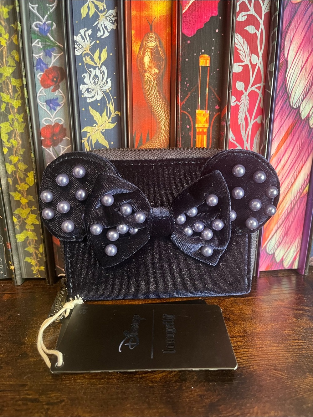 Disney Loungefly Navy Minnie Mouse velvet wallet pearl embellishments